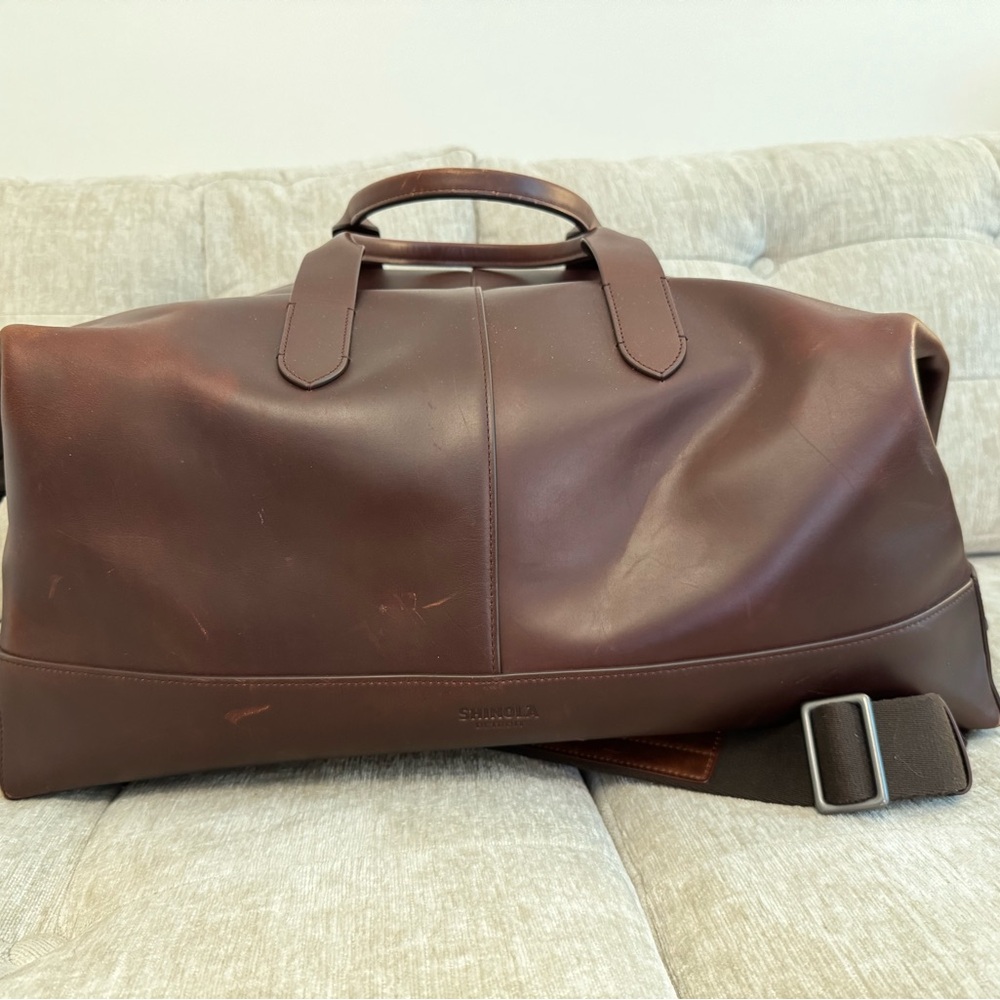 Shinola Brown Leather Duffel Bag with Vintage Aesthetic